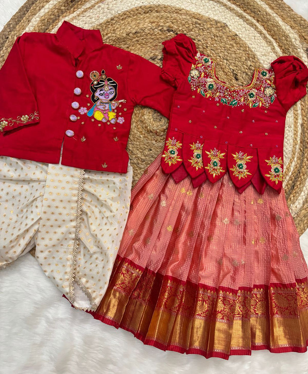 Kids Maggam Work Pattu Frock & Kurta Dhoti Set – Festive Wear