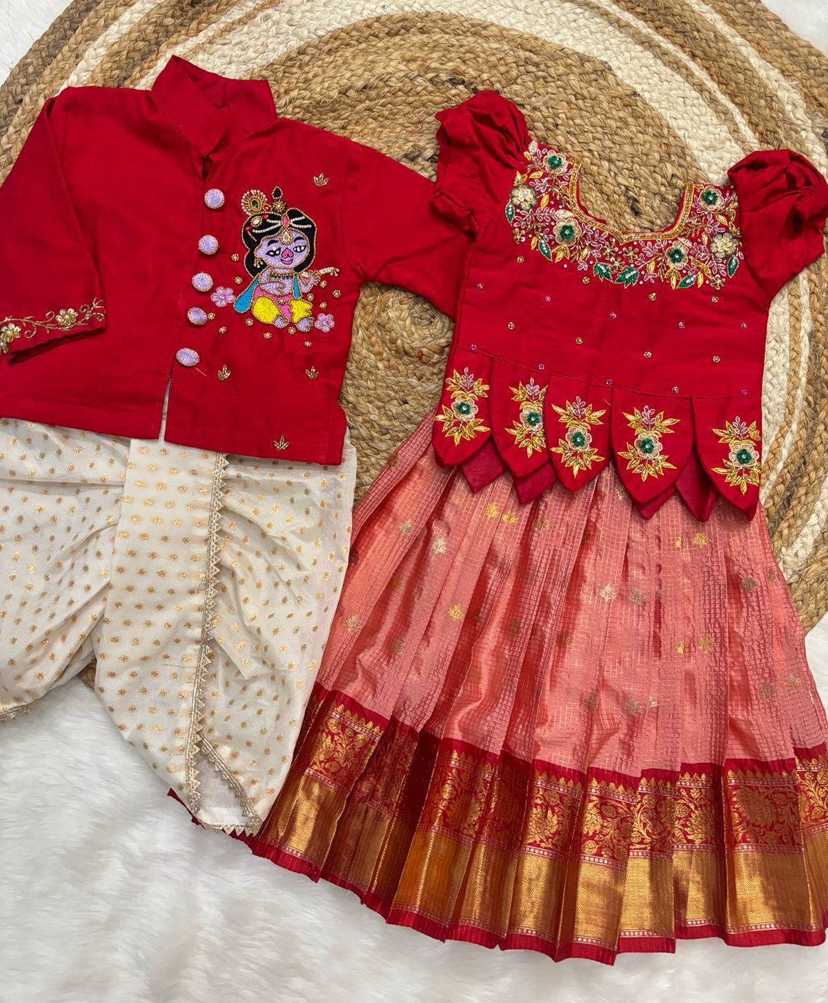 Kids Maggam Work Pattu Frock & Kurta Dhoti Set – Festive Wear