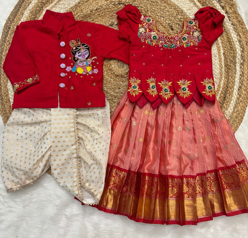 Kids Maggam Work Pattu Frock & Kurta Dhoti Set – Festive Wear