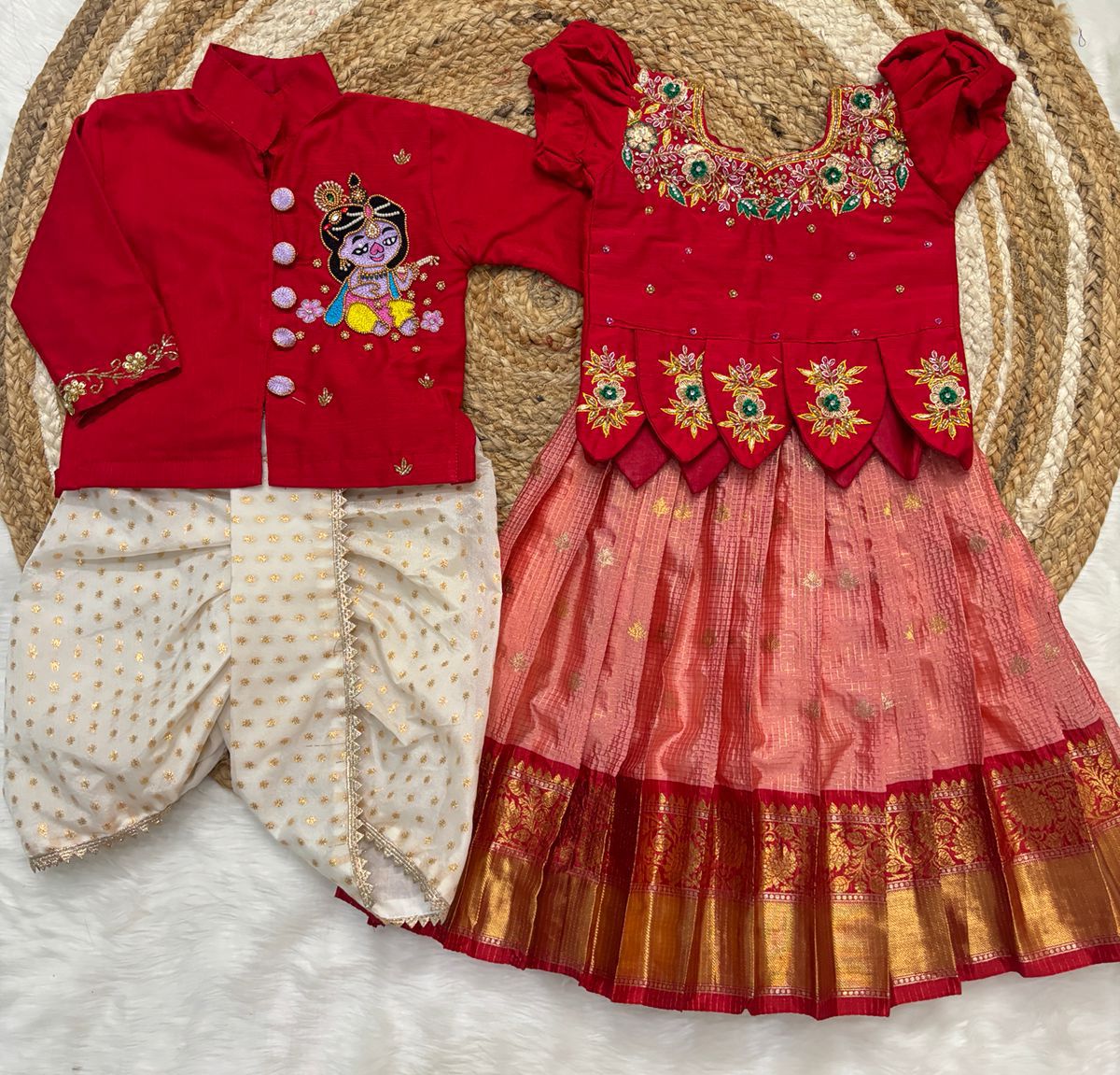 Kids Maggam Work Pattu Frock & Kurta Dhoti Set – Festive Wear