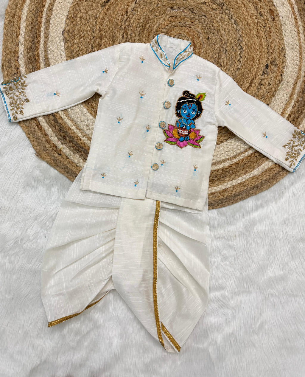 Kids Krishna Maggam Work Kurta Dhoti Set – Raw Silk Festive Wear