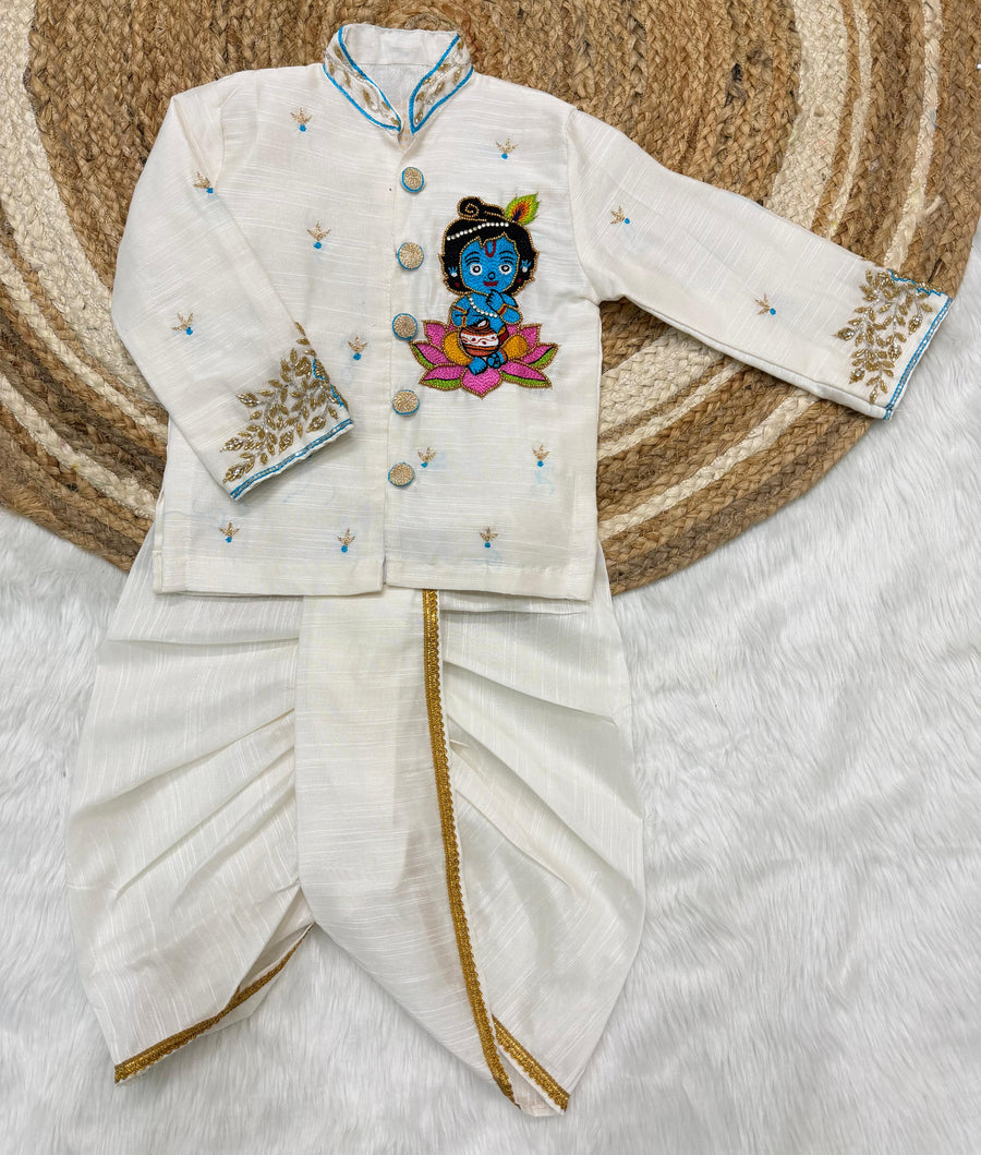 Kids Krishna Maggam Work Kurta Dhoti Set – Raw Silk Festive Wear