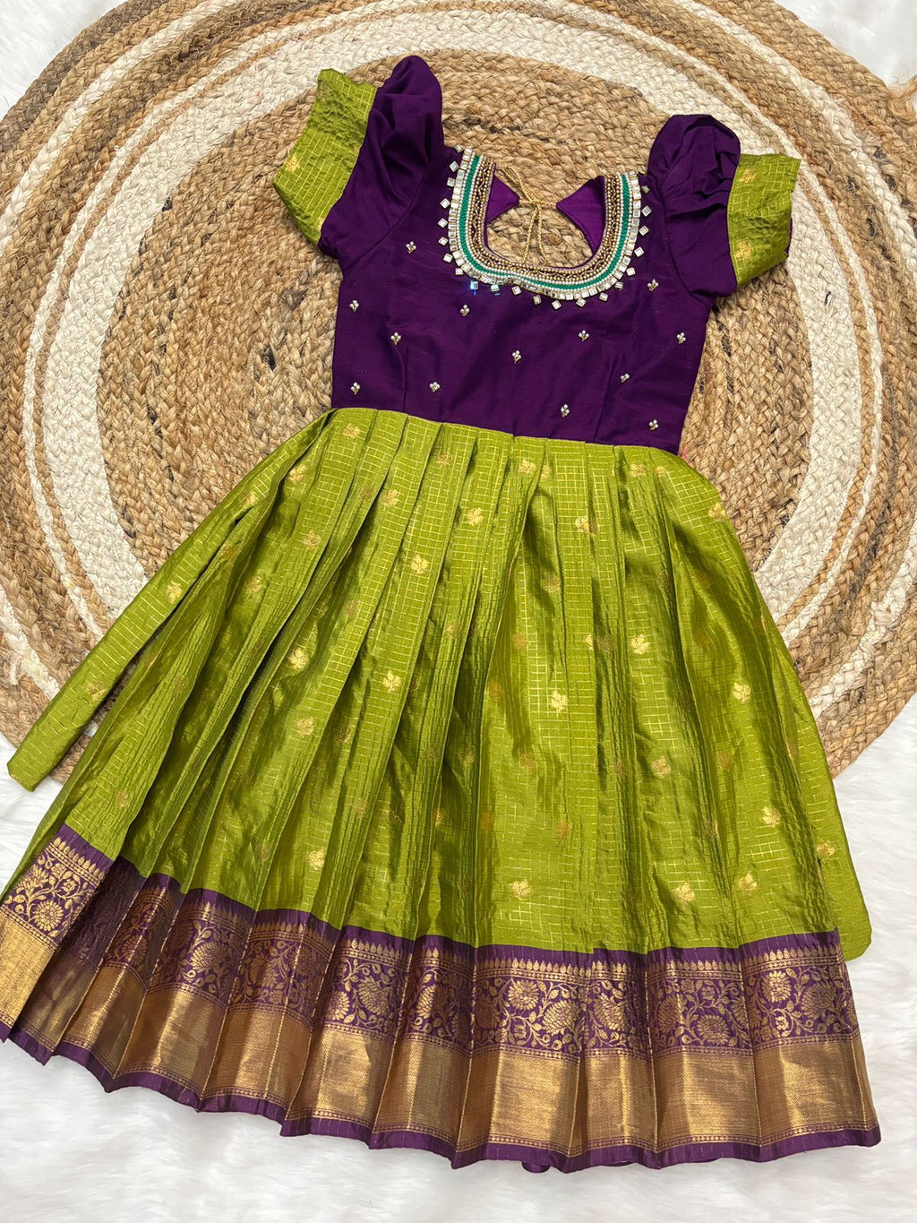 Girls Semi Gadwal Maggam Work Frock – Green & Purple Festive Dress