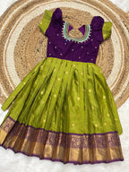 Girls Semi Gadwal Maggam Work Frock – Green & Purple Festive Dress