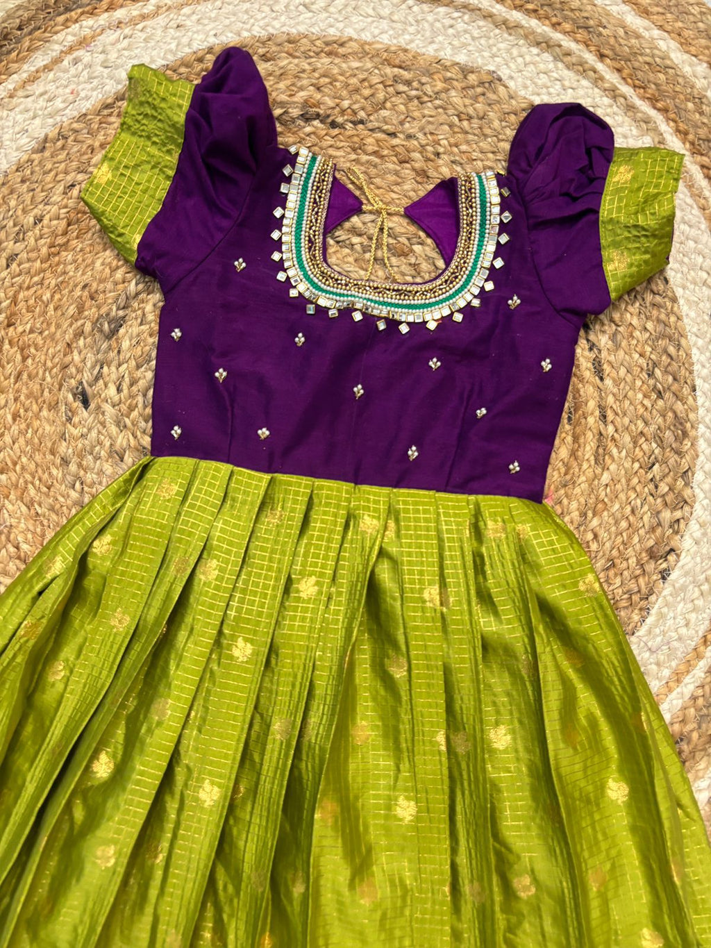Girls Semi Gadwal Maggam Work Frock – Green & Purple Festive Dress
