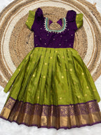 Girls Semi Gadwal Maggam Work Frock – Green & Purple Festive Dress