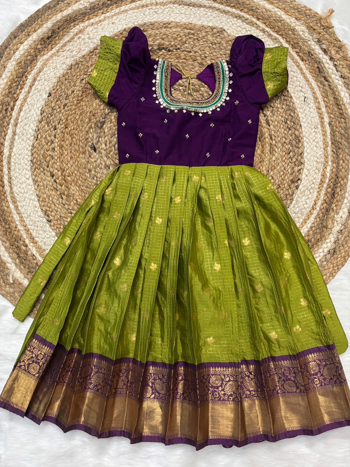 Girls Semi Gadwal Maggam Work Frock – Green & Purple Festive Dress