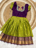 Girls Semi Gadwal Maggam Work Frock – Green & Purple Festive Dress