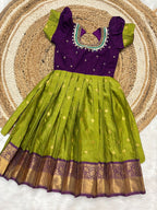 Girls Semi Gadwal Maggam Work Frock – Green & Purple Festive Dress