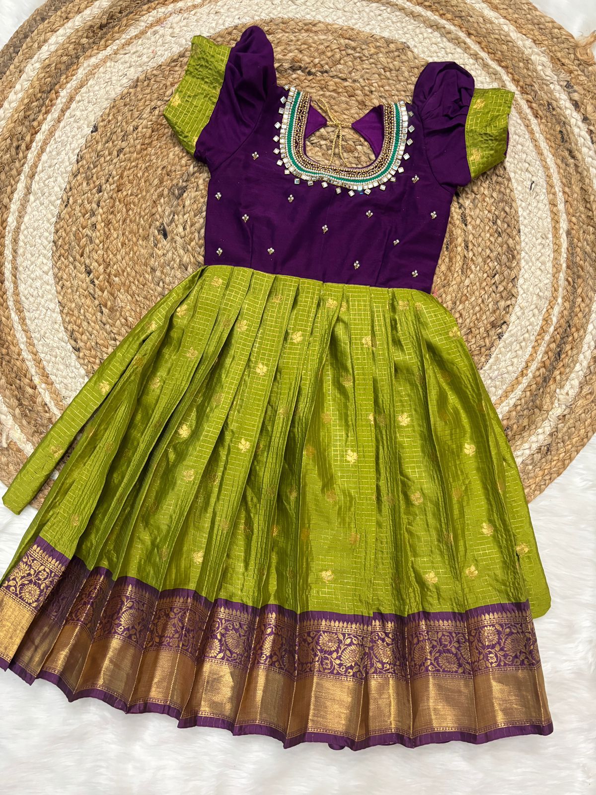 Girls Semi Gadwal Maggam Work Frock – Green & Purple Festive Dress