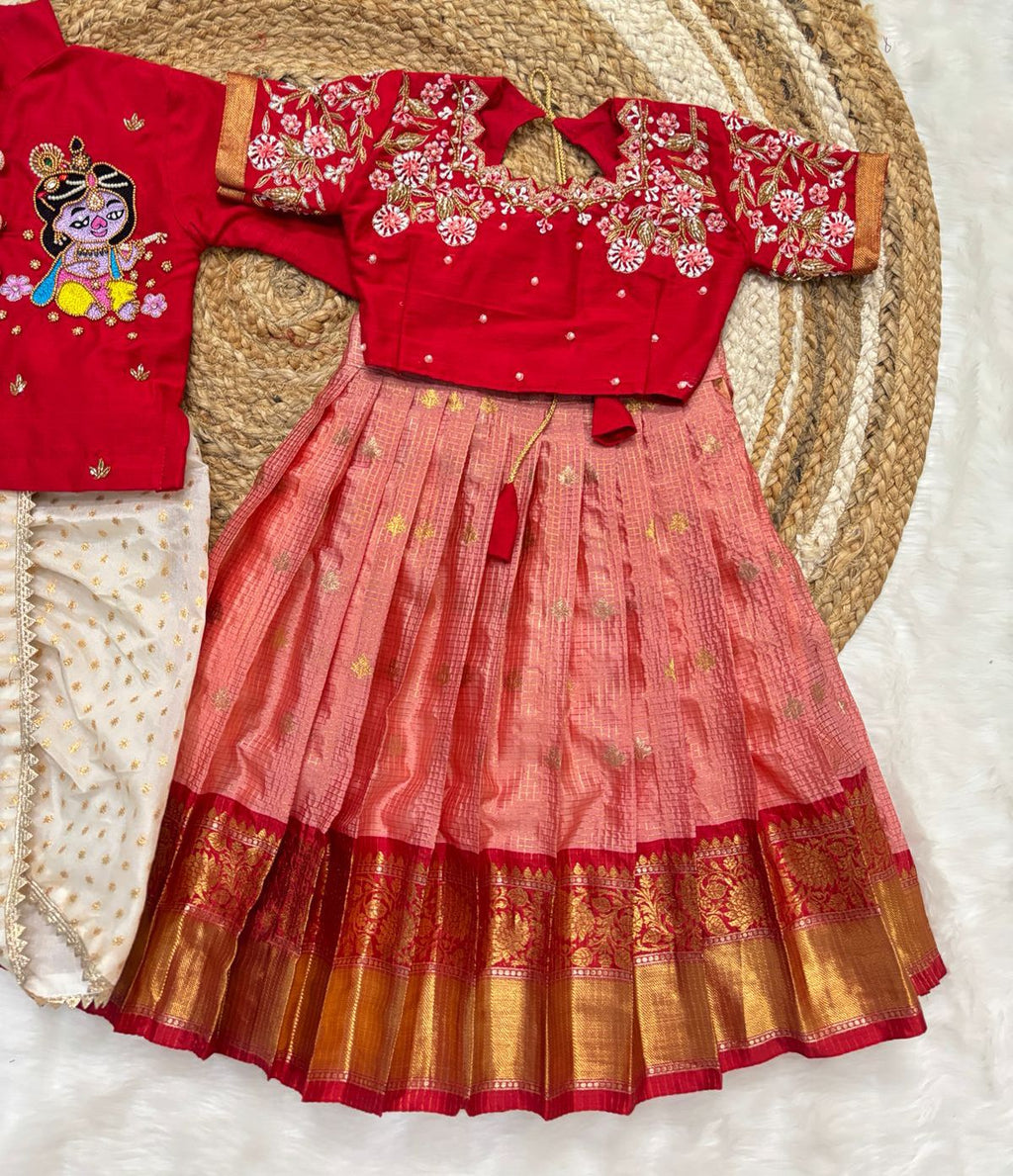 Kids Maggam Work Festive Outfit Set – Semi Gadwal Frock & Kurta Dhoti