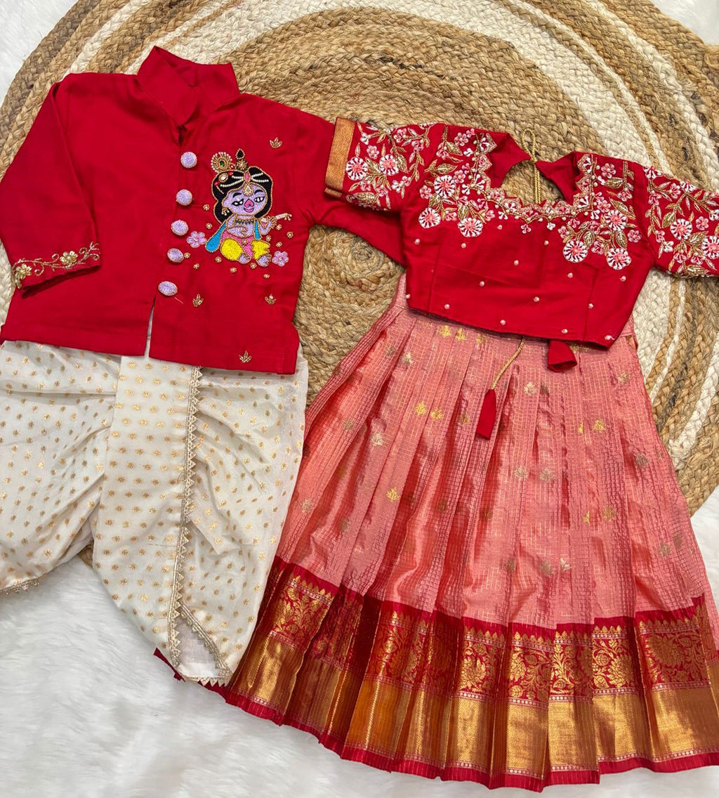 Kids Maggam Work Festive Outfit Set – Semi Gadwal Frock & Kurta Dhoti