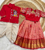 Kids Maggam Work Festive Outfit Set – Semi Gadwal Frock & Kurta Dhoti
