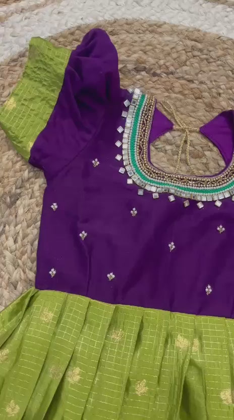 Girls Semi Gadwal Maggam Work Frock – Green & Purple Festive Dress