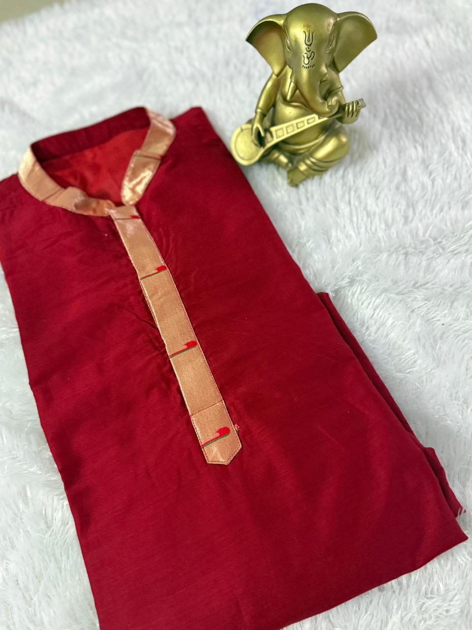 Raw silk kurta with paithani border